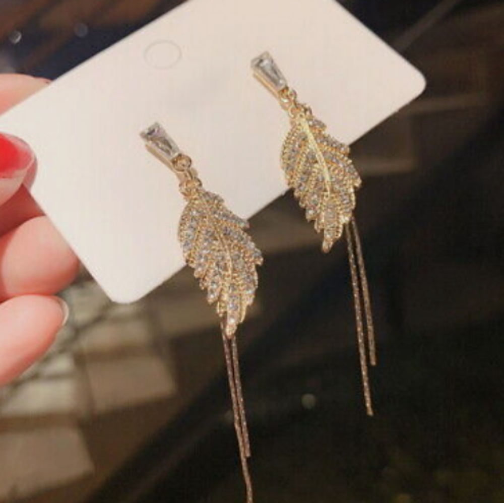 New golden crystals leaf dangle post earrings
